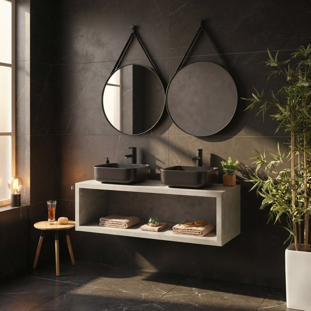 Meuble Suspendu Effet Ciment 120 cm avec Double Vasque Noire et Deux Miroirs Ronds