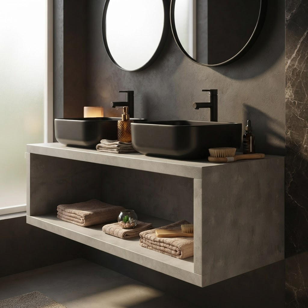 Meuble Suspendu Effet Ciment 120 cm avec Double Vasque Noire et Deux Miroirs Ronds