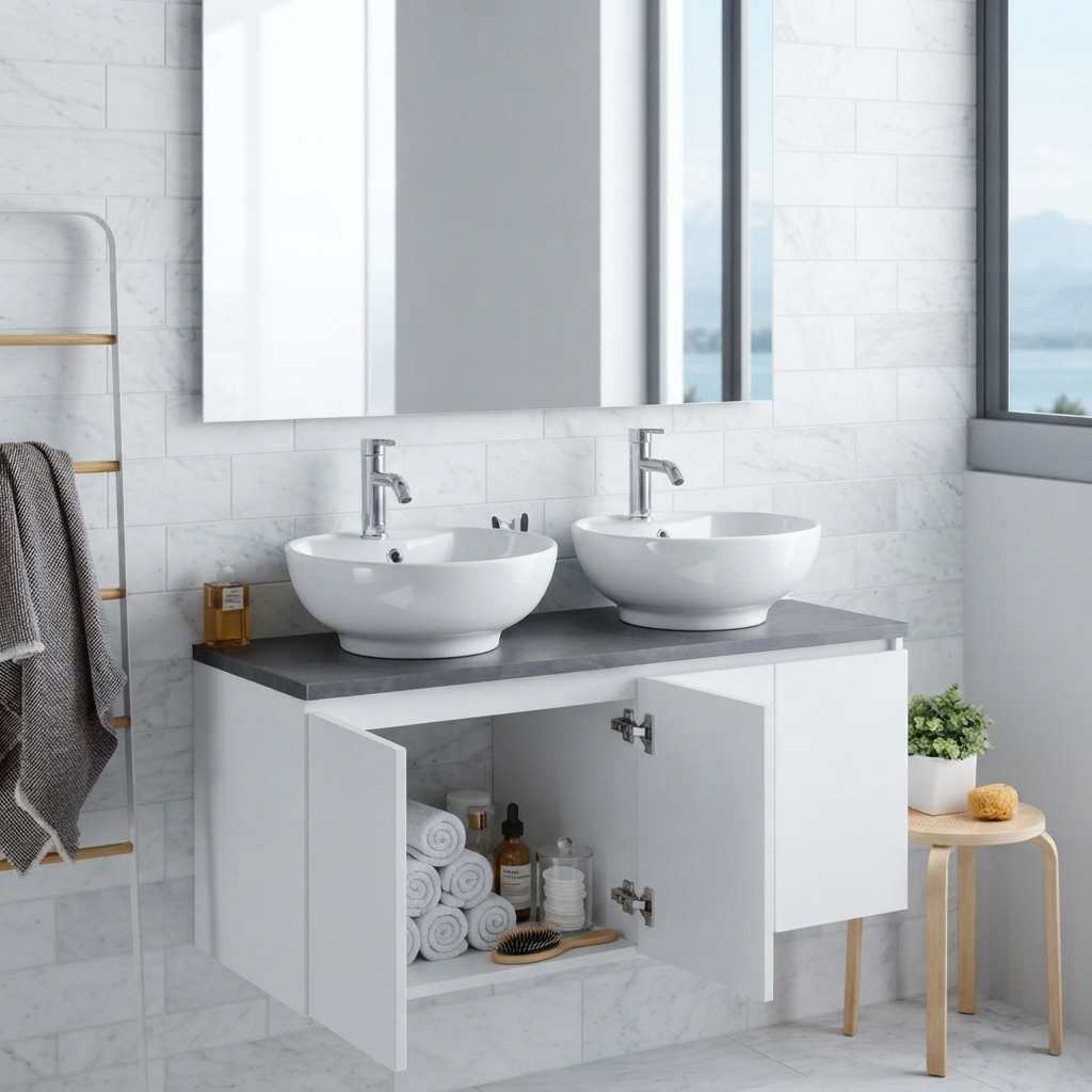 Meuble de Salle de Bain Suspendu Blanc 120 cm – Façade Effet Bois, Plan Anthracite et Miroir