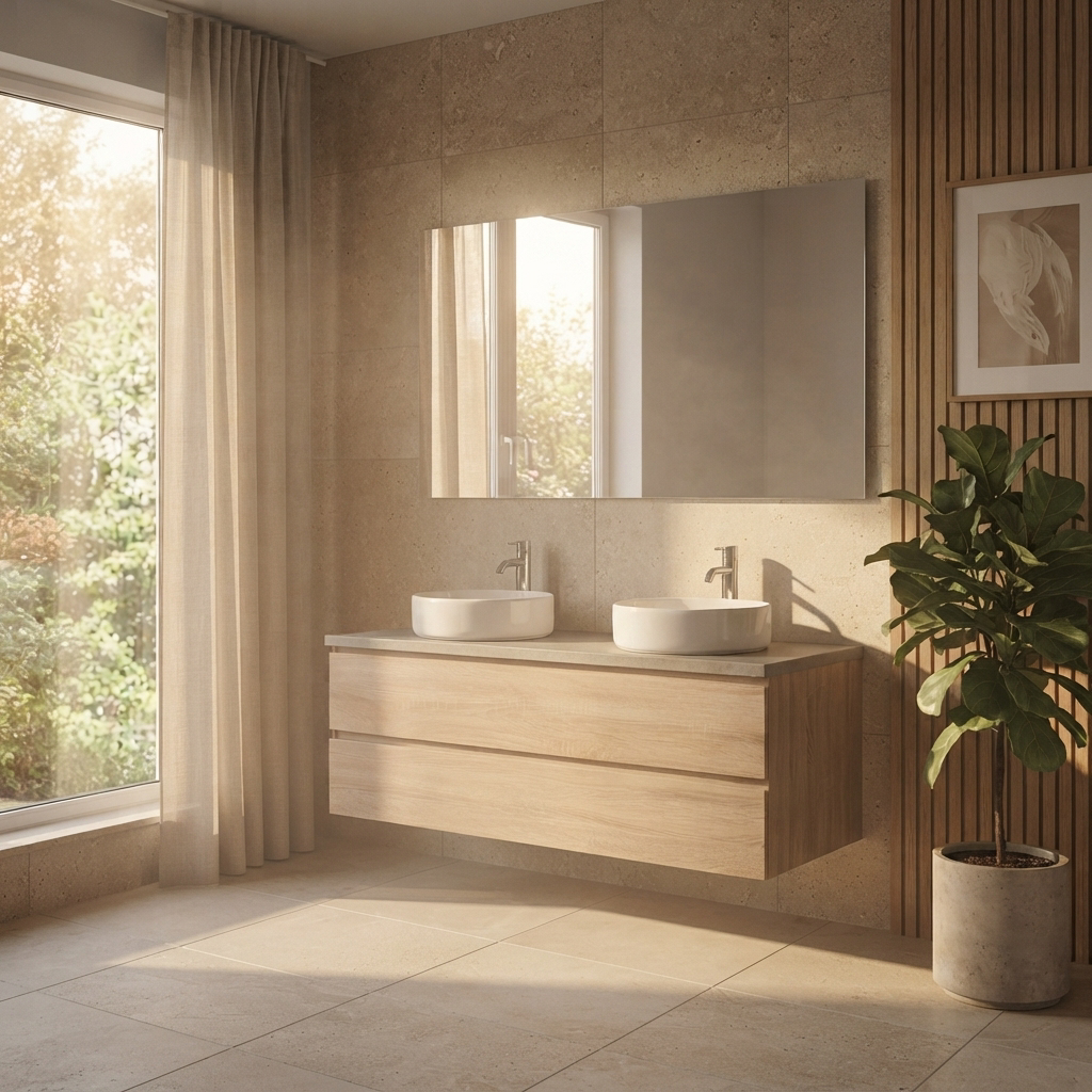 Meuble de Salle de Bain Suspendu Chêne 120 cm – 2 Tiroirs, Plan Effet Ciment et Miroir