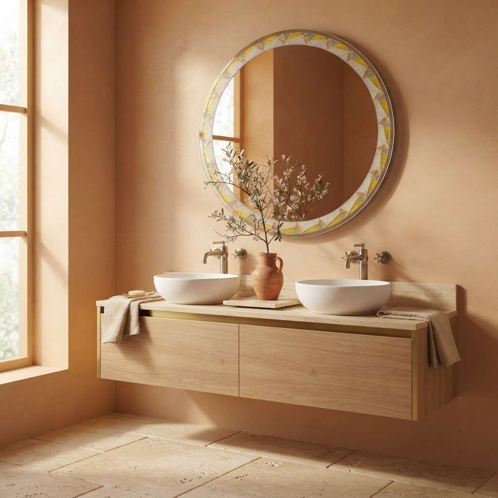 Miroir Rond LED à Cadre Mosaïque Ø 80 cm – Miroir Salle de Bain Rétroéclairé et Tactile