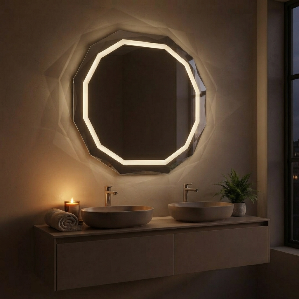 Miroir Octogonal LED Salle de Bain 90 x 70 cm – Bord Biseauté et Éclairage Intégré