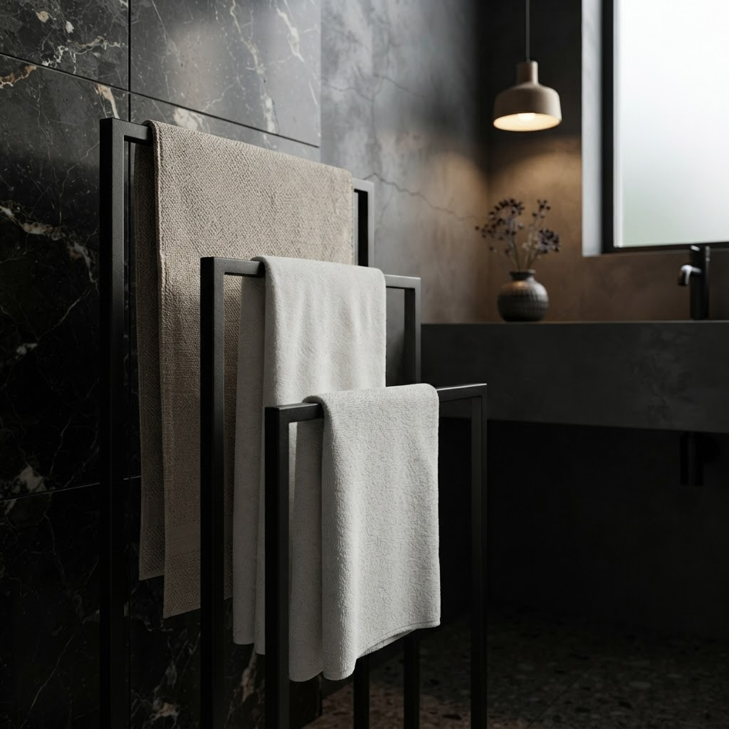 Porte-Serviettes sur Pied Noir 3 Niveaux – Sans Perçage pour Salle de Bain