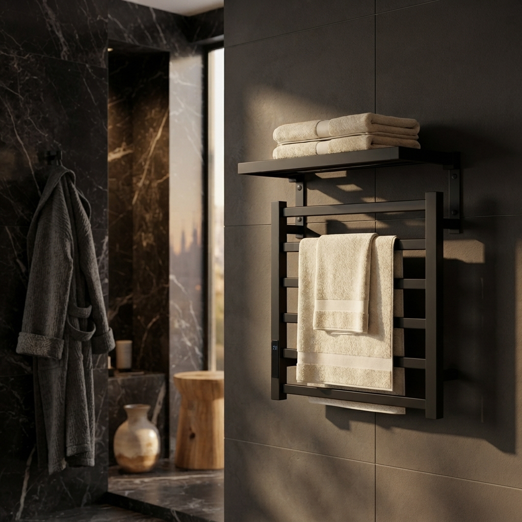 Sèche-Serviettes Électrique Noir avec Affichage Numérique – Radiateur Salle de Bain avec Tablette