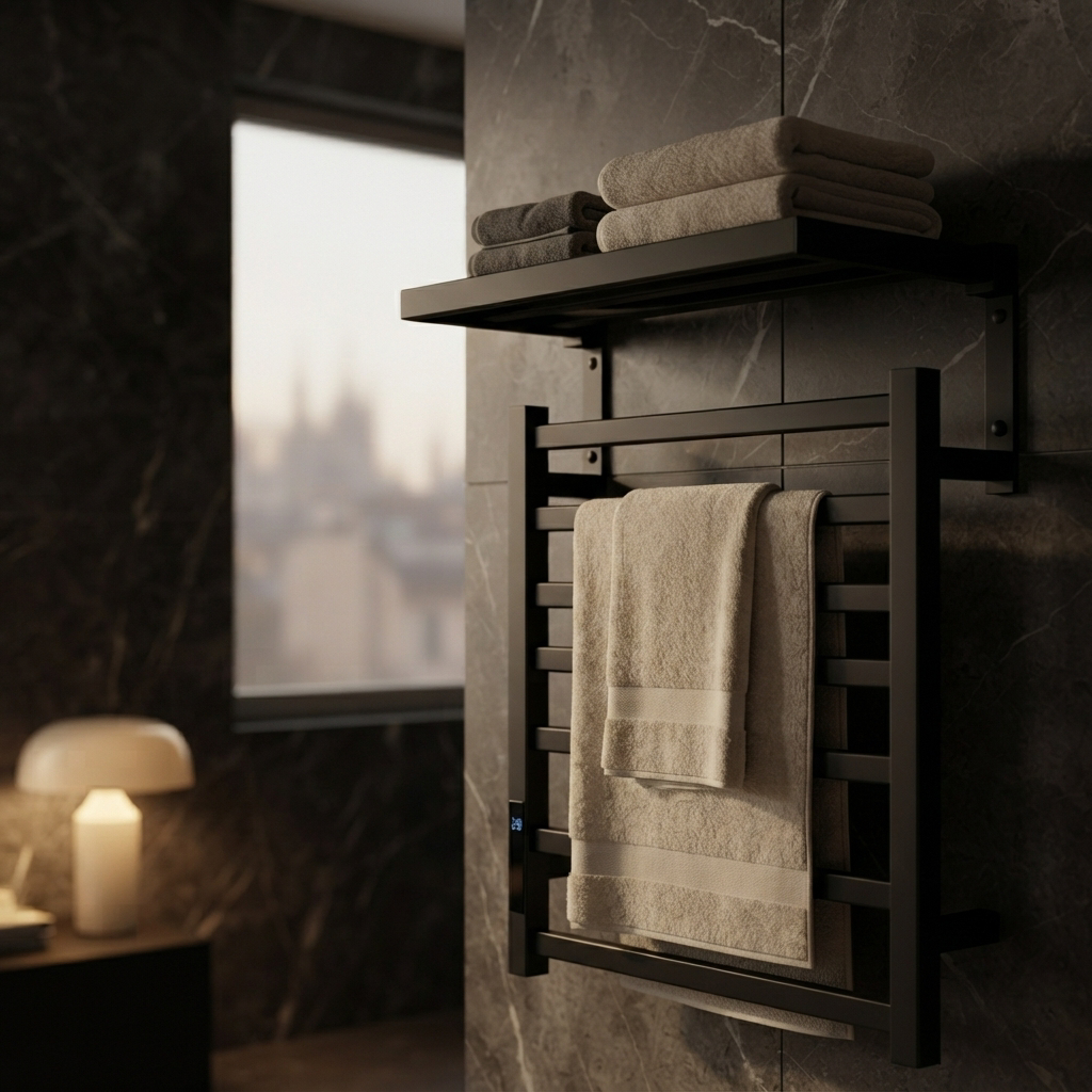 Sèche-Serviettes Électrique Noir avec Affichage Numérique – Radiateur Salle de Bain avec Tablette