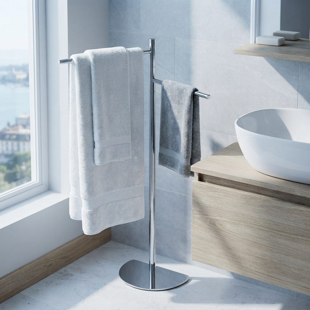 Porte-Serviettes Pivotant Chromé 2 Bras sur Socle – Sans Perçage, Hauteur 80 cm