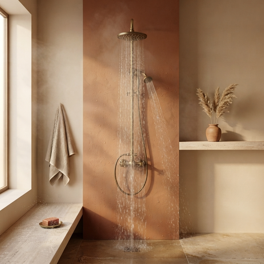 Colonne de Douche en Laiton Antique avec Bec de Bain – Pommeau Pluie et Douchette, Pose Murale
