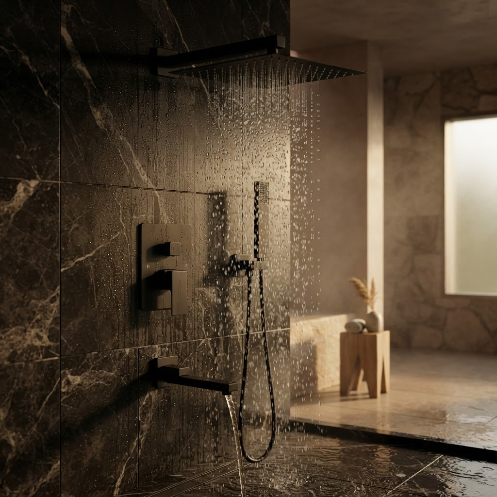 Colonne de Douche Encastrée Noire Mat – Ensemble 3 Fonctions : Pluie, Cascade et Bec Verseur