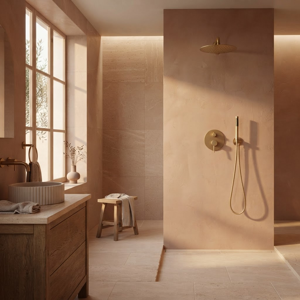Colonne de Douche Encastrée Or Brossé Ronde – Pommeau Rond Ø 25 cm et Mitigeur Encastré