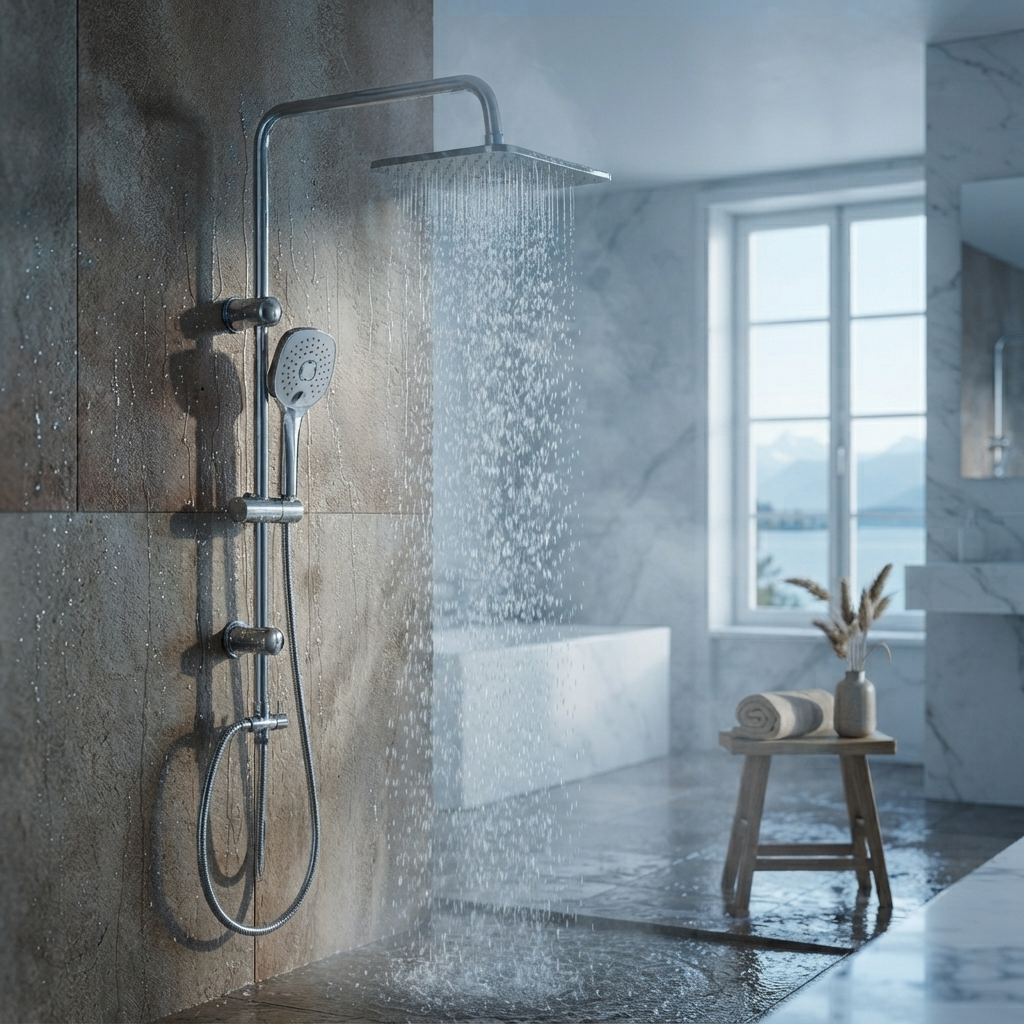 Colonne de Douche Murale Argentée avec Mitigeur – Pommeau Pluie et Douchette sur Barre