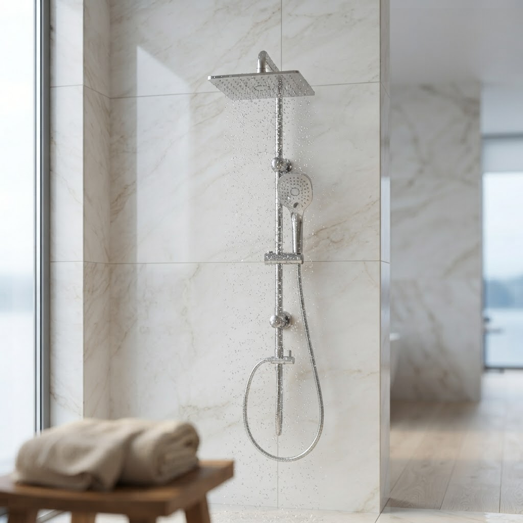 Colonne de Douche Murale Argentée avec Mitigeur – Pommeau Pluie et Douchette sur Barre
