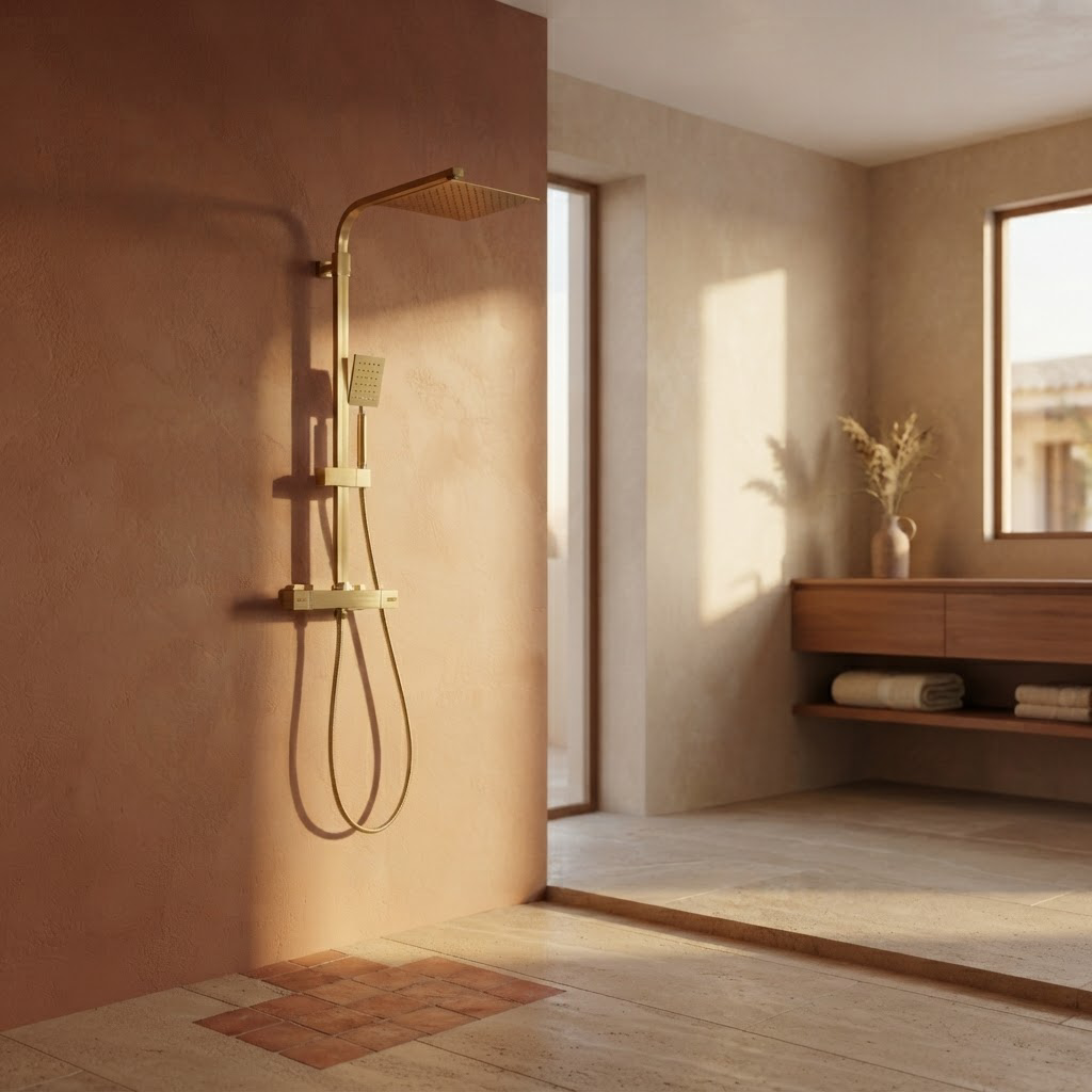 Colonne de Douche Dorée Murale – Thermostatique en Laiton avec Pommeau Pluie et Douchette