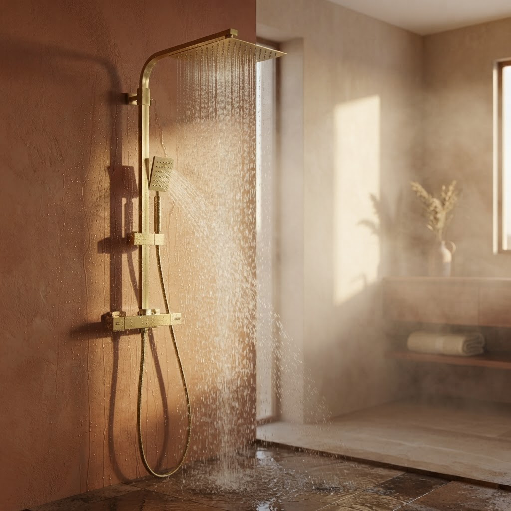 Colonne de Douche Dorée Murale – Thermostatique en Laiton avec Pommeau Pluie et Douchette