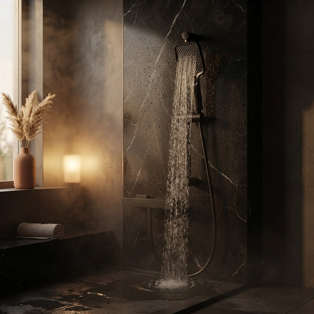Colonne de Douche Thermostatique Noire 3 Jets – Anti-Brûlure 38 °C, Pluie et Massage