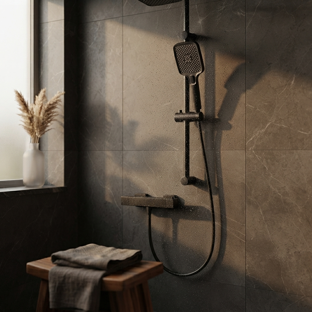 Colonne de Douche Thermostatique Noire 3 Jets – Anti-Brûlure 38 °C, Pluie et Massage
