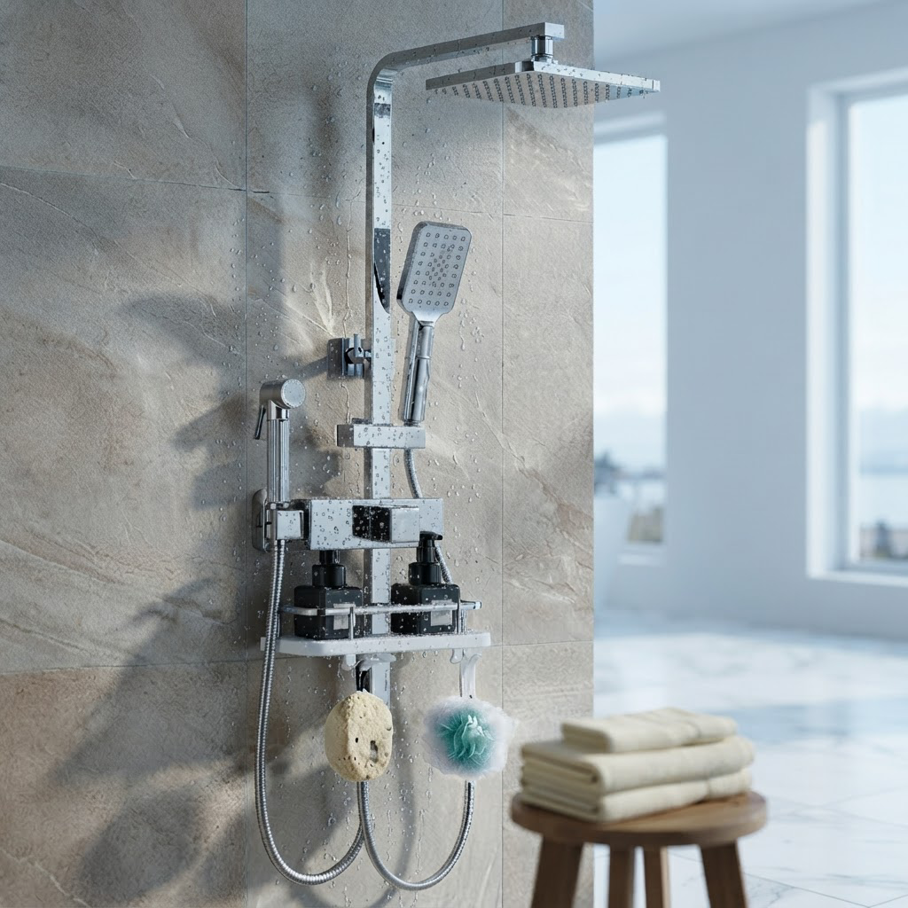 Ensemble de Douche Chromé avec Tablette de Rangement – Pommeau Pluie, Douchette et Bidet Mural