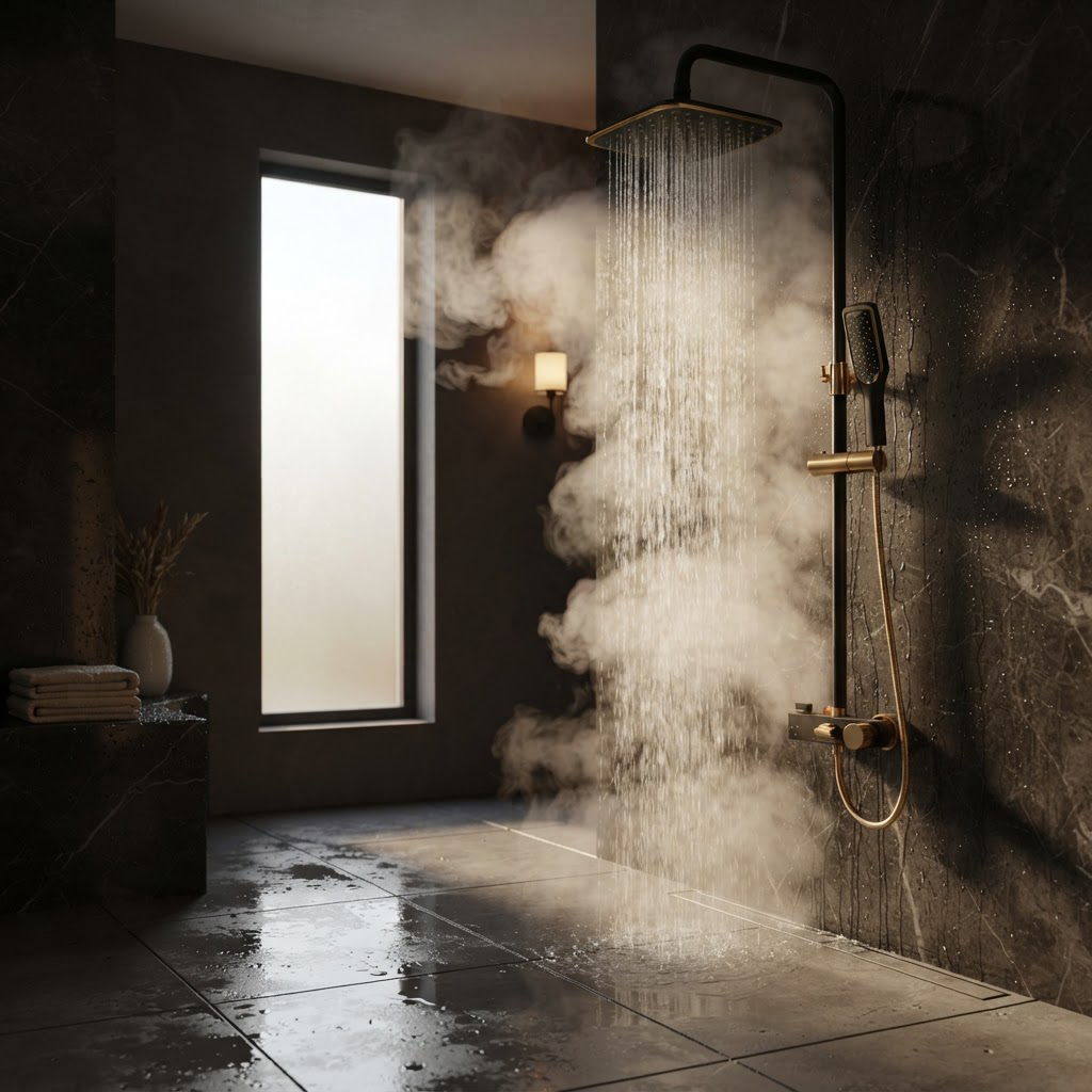 Ensemble de Douche Murale Noir et Or – Pommeau Carré, Douchette à Main et Mitigeur Mural