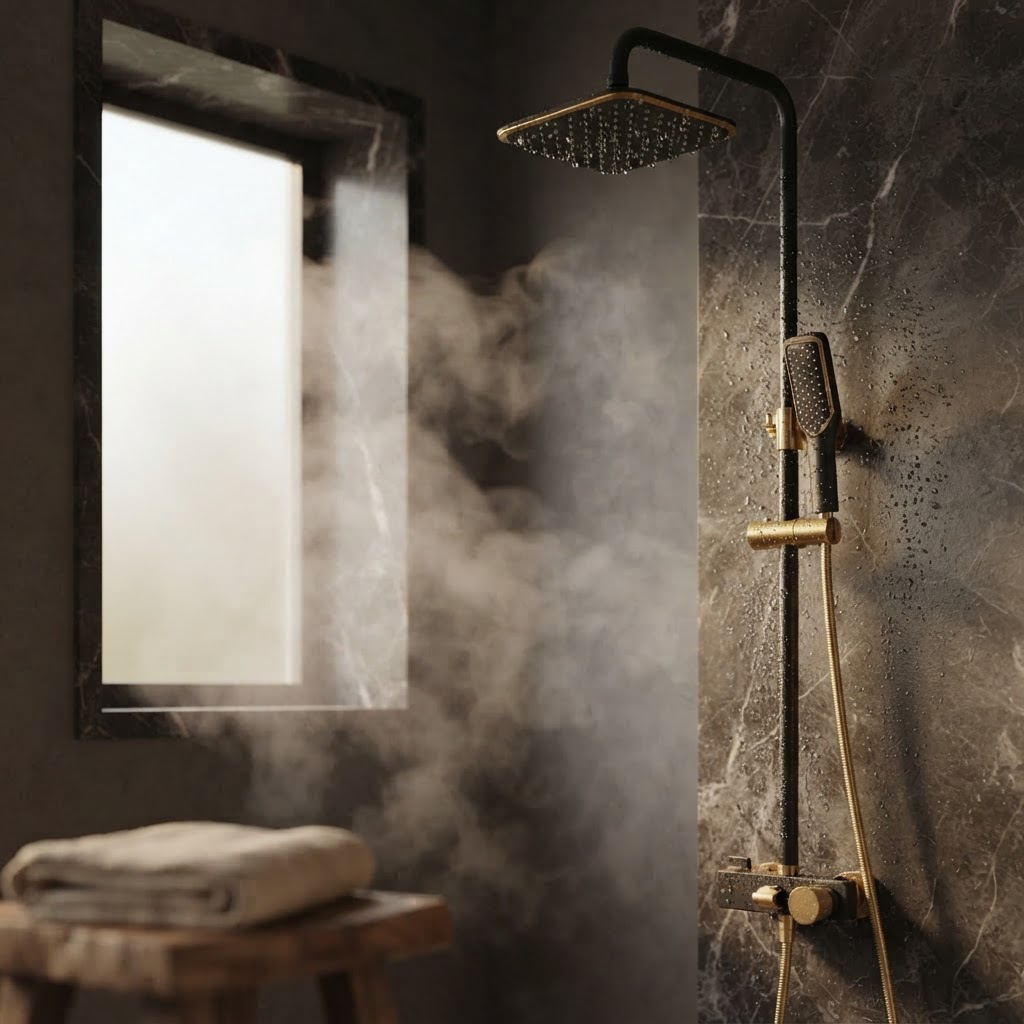 Ensemble de Douche Murale Noir et Or – Pommeau Carré, Douchette à Main et Mitigeur Mural