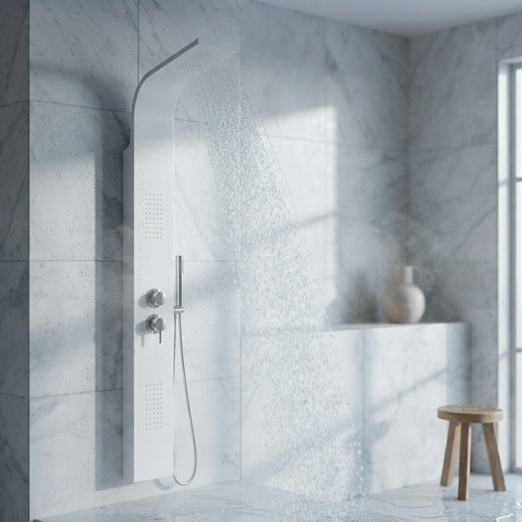 Colonne de Douche Hydromassante Blanche – Panneau Mural en Aluminium avec Jets et Tête de Douche