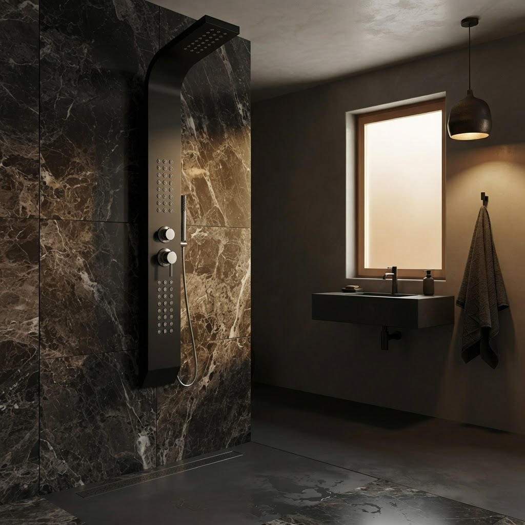 Colonne de Douche Hydromassante Noire – Panneau Mural avec Jets de Massage et Douchette