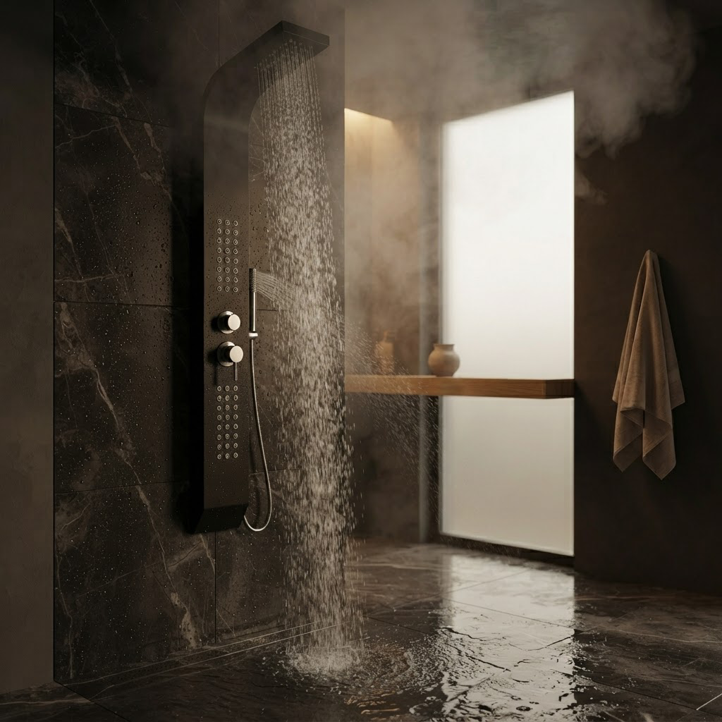 Colonne de Douche Hydromassante Noire – Panneau Mural avec Jets de Massage et Douchette