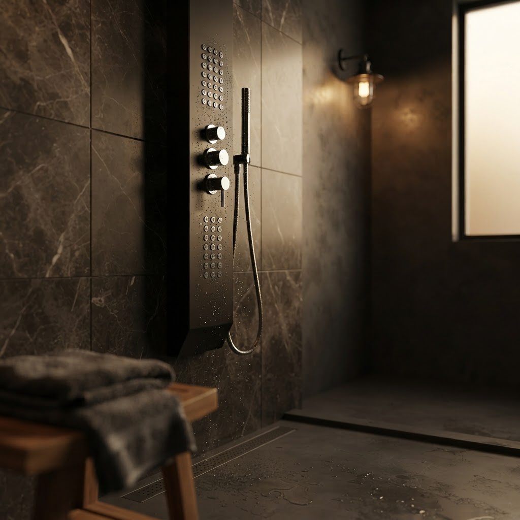 Colonne de Douche Hydromassante Noire – Panneau Mural avec Jets de Massage et Douchette