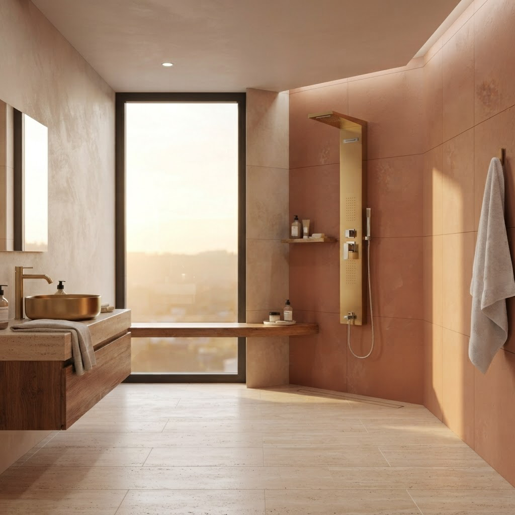 Colonne de Douche Hydromassante Dorée – Panneau Mural en Acier avec Jets de Massage et Tête Cascade