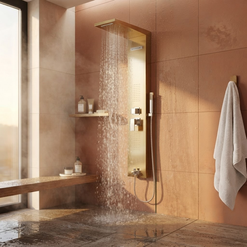 Colonne de Douche Hydromassante Dorée – Panneau Mural en Acier avec Jets de Massage et Tête Cascade