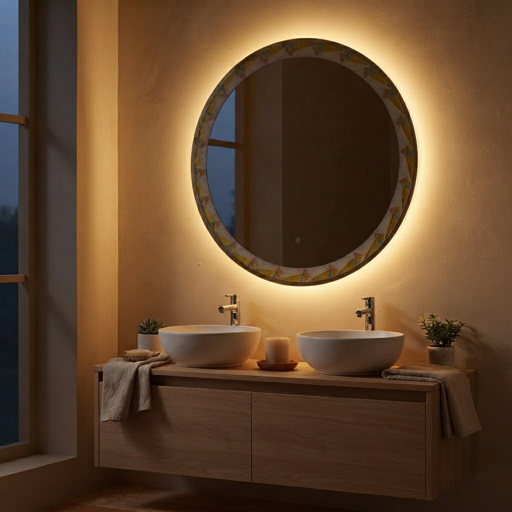 Miroir Rond LED à Cadre Mosaïque Ø 80 cm – Miroir Salle de Bain Rétroéclairé et Tactile