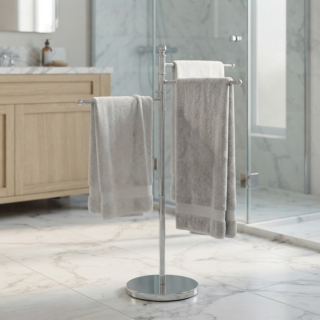 Porte-Serviettes Pivotant Chromé 3 Bras sur Pied – Sans Perçage, Hauteur 89 cm