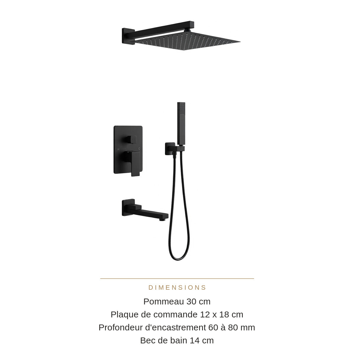Colonne de Douche Encastrée Noire Mat – Ensemble 3 Fonctions : Pluie, Cascade et Bec Verseur