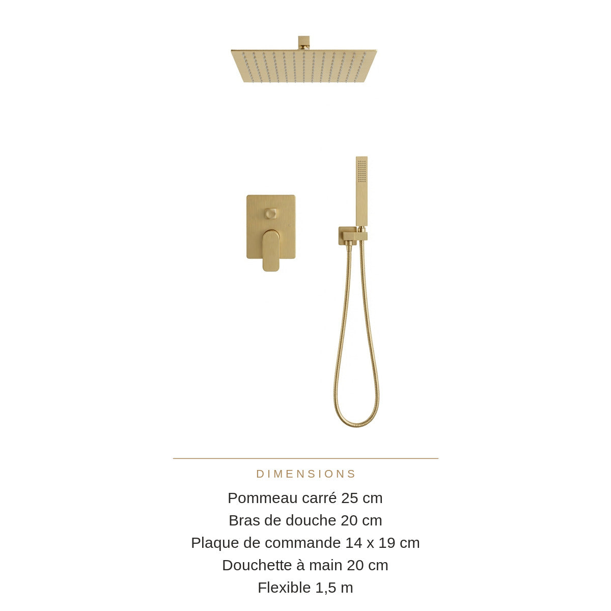 Colonne de Douche Encastrée Or Brossé Carrée – Pommeau Pluie 25 cm et Douchette Encastrée