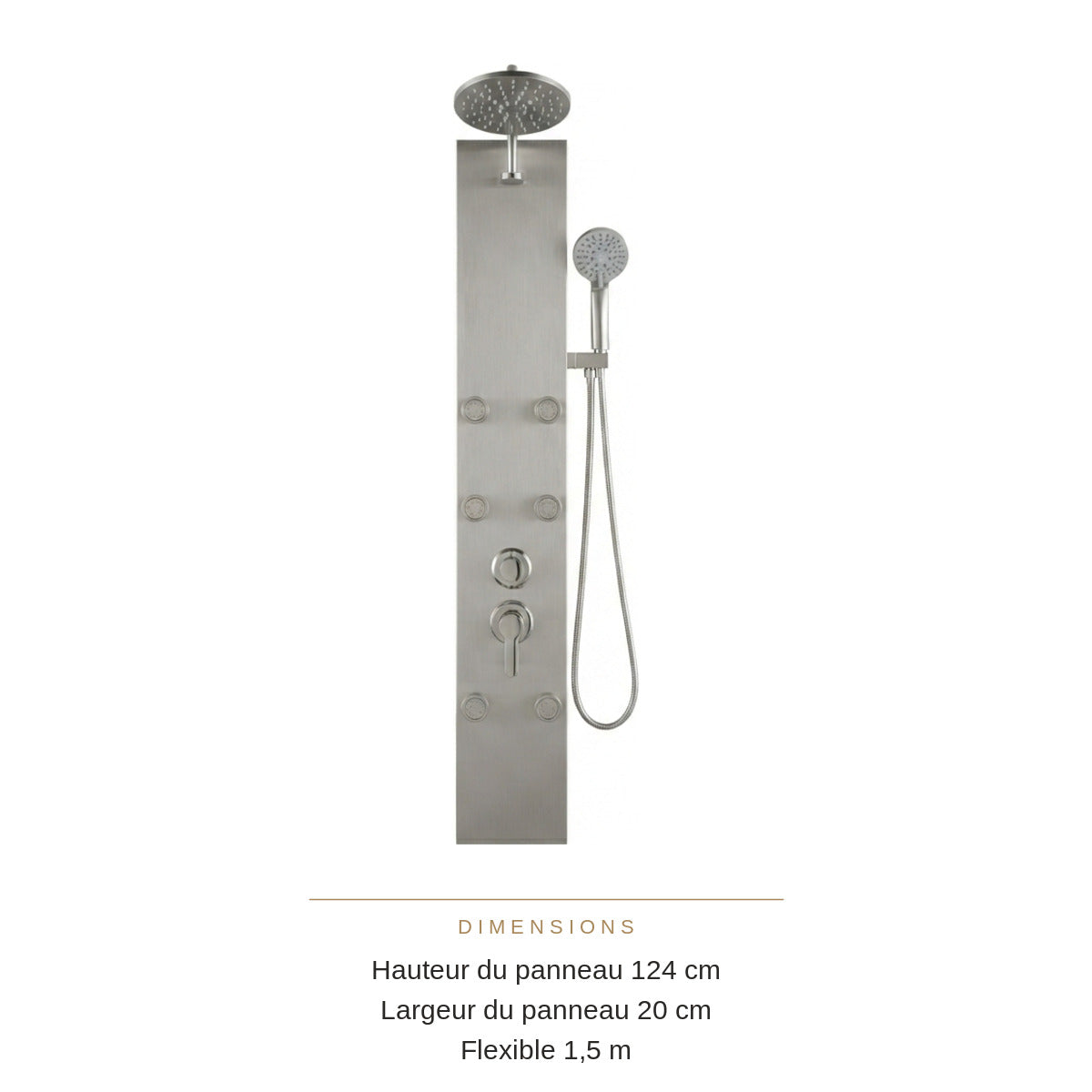 Colonne de Douche Hydromassante Argentée 6 Jets – Panneau Inox avec Pommeau Pluie et Douchette à Main