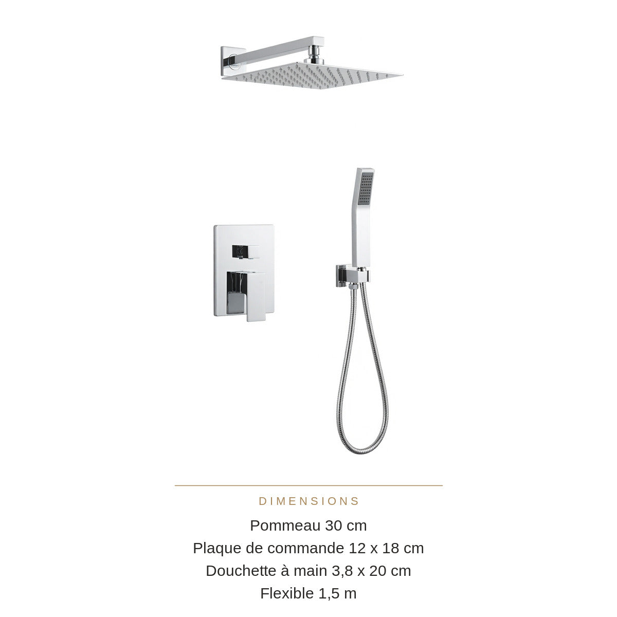 Ensemble de Douche Encastré Argenté Effet Pluie – Pommeau Plat 30 cm en Inox 304