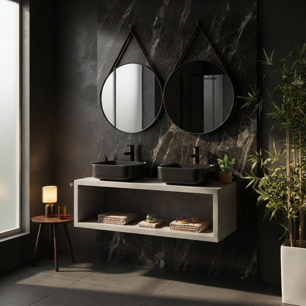Meuble Suspendu Effet Ciment 120 cm avec Double Vasque Noire et Deux Miroirs Ronds