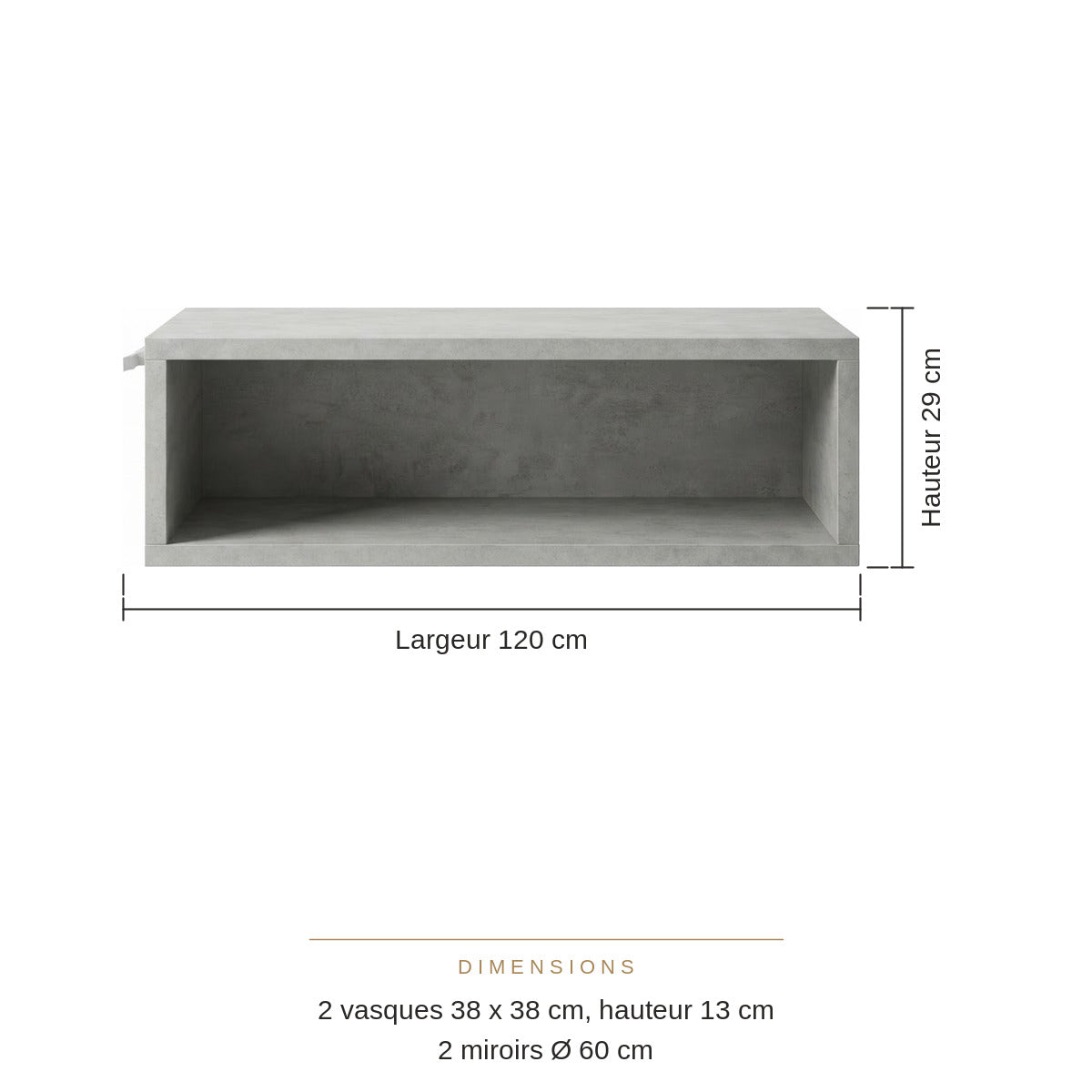 Meuble Suspendu Effet Ciment 120 cm avec Double Vasque Noire et Deux Miroirs Ronds