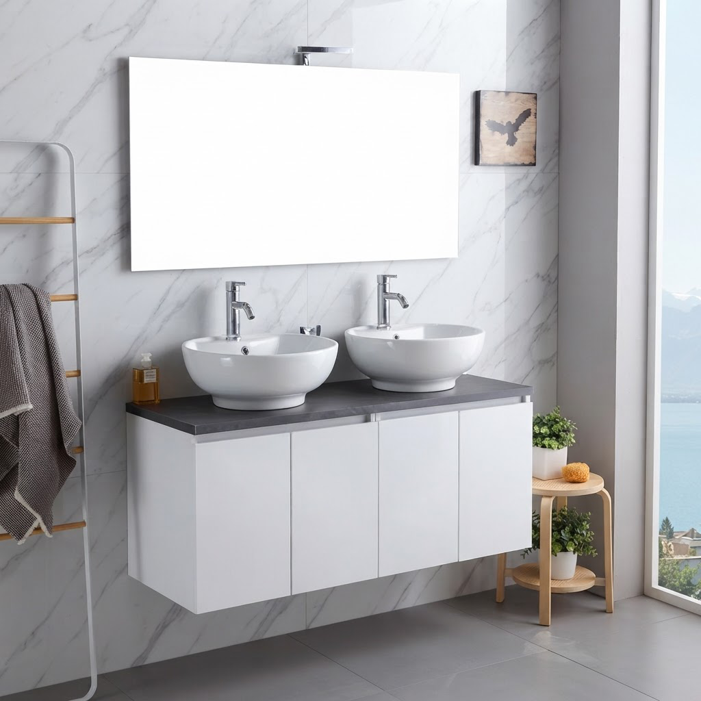 Meuble de Salle de Bain Suspendu Blanc 120 cm – Façade Effet Bois, Plan Anthracite et Miroir