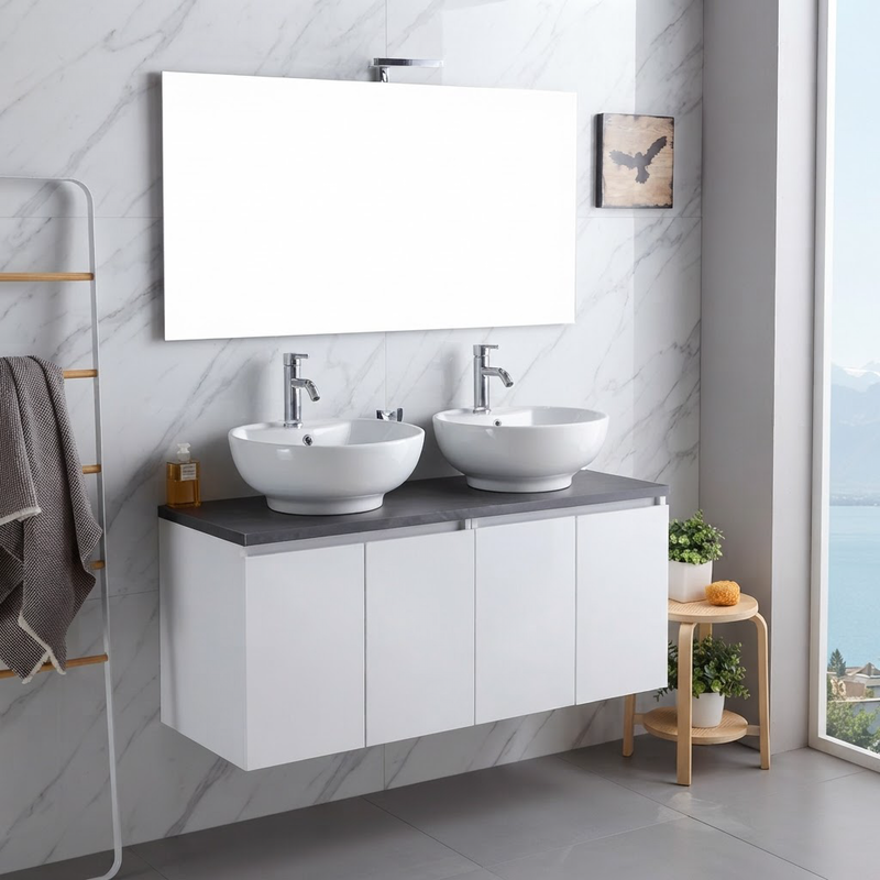 Meuble de Salle de Bain Suspendu Blanc 120 cm – Façade Effet Bois, Plan Anthracite et Miroir