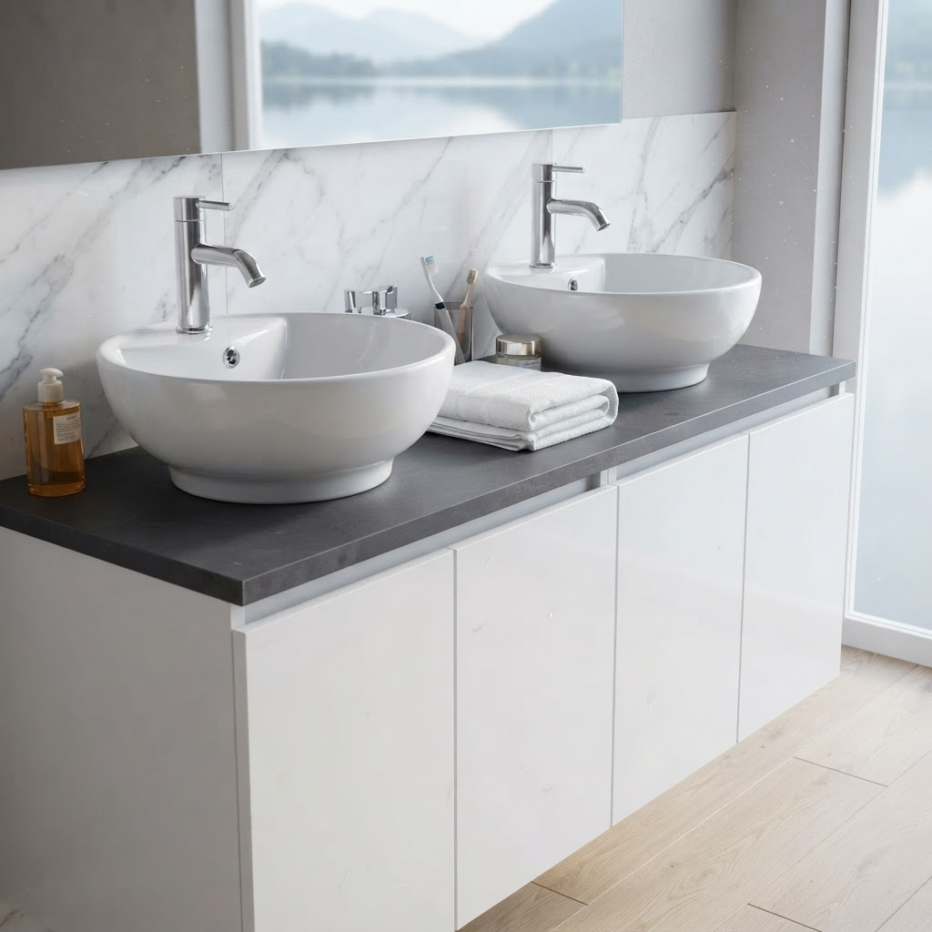 Meuble de Salle de Bain Suspendu Blanc 120 cm – Façade Effet Bois, Plan Anthracite et Miroir