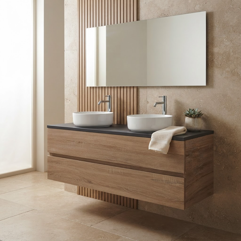 Meuble de Salle de Bain Suspendu Chêne et Ciment 120 cm – pour Vasque à Poser, Miroir Inclus
