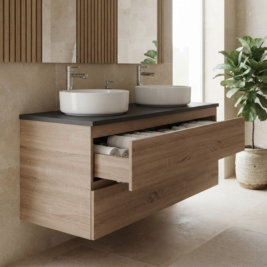 Meuble de Salle de Bain Suspendu Chêne et Ciment 120 cm – pour Vasque à Poser, Miroir Inclus