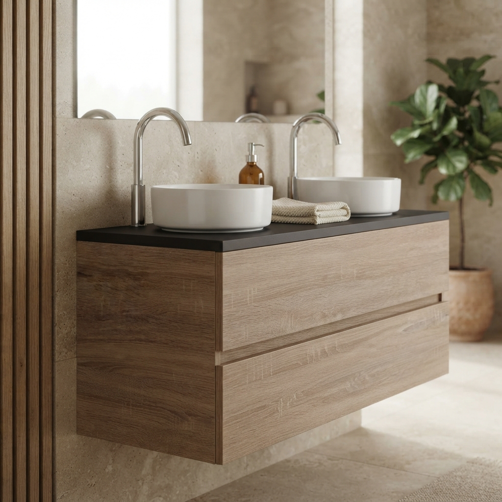 Meuble de Salle de Bain Suspendu Chêne et Ciment 120 cm – pour Vasque à Poser, Miroir Inclus