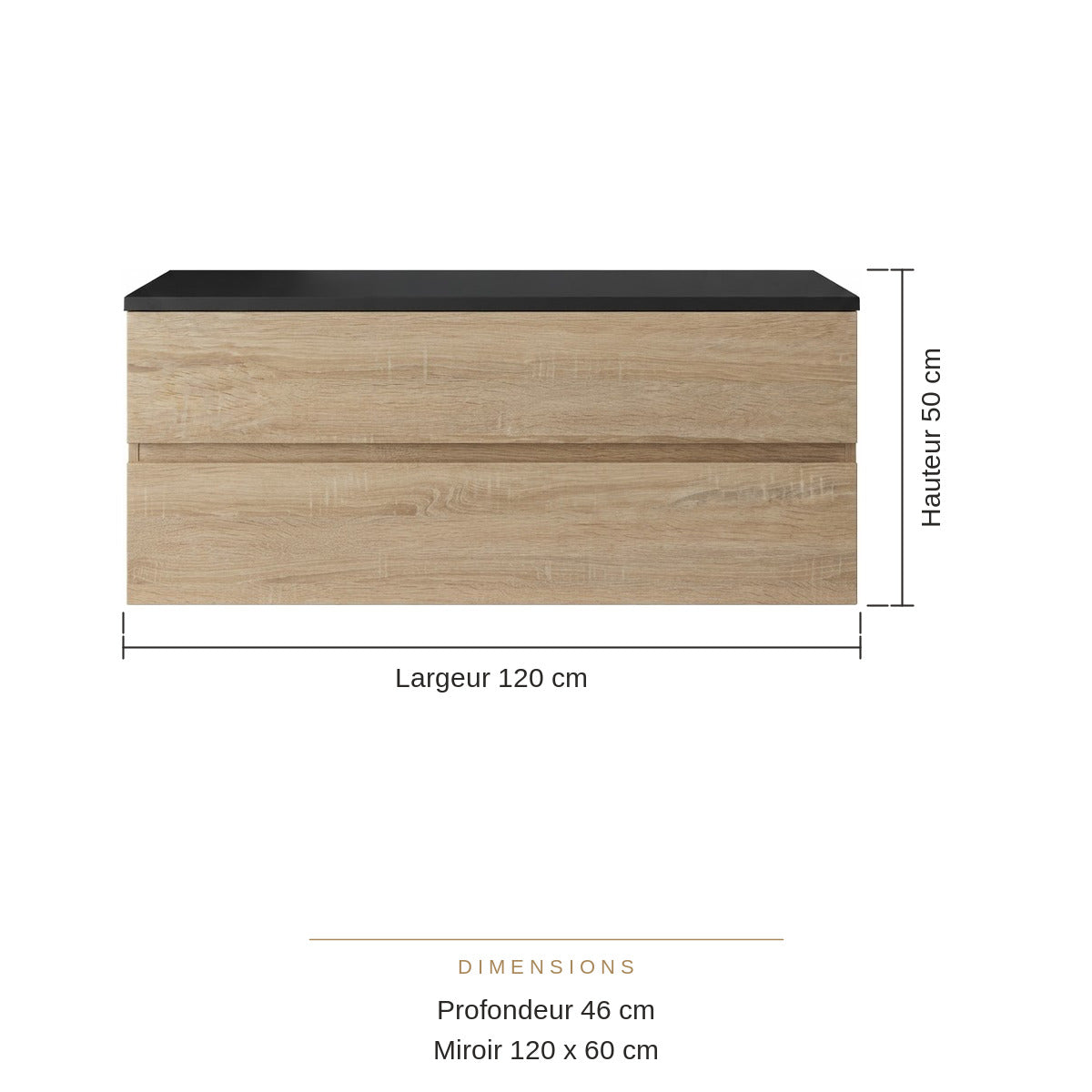 Meuble de Salle de Bain Suspendu Chêne et Ciment 120 cm – pour Vasque à Poser, Miroir Inclus