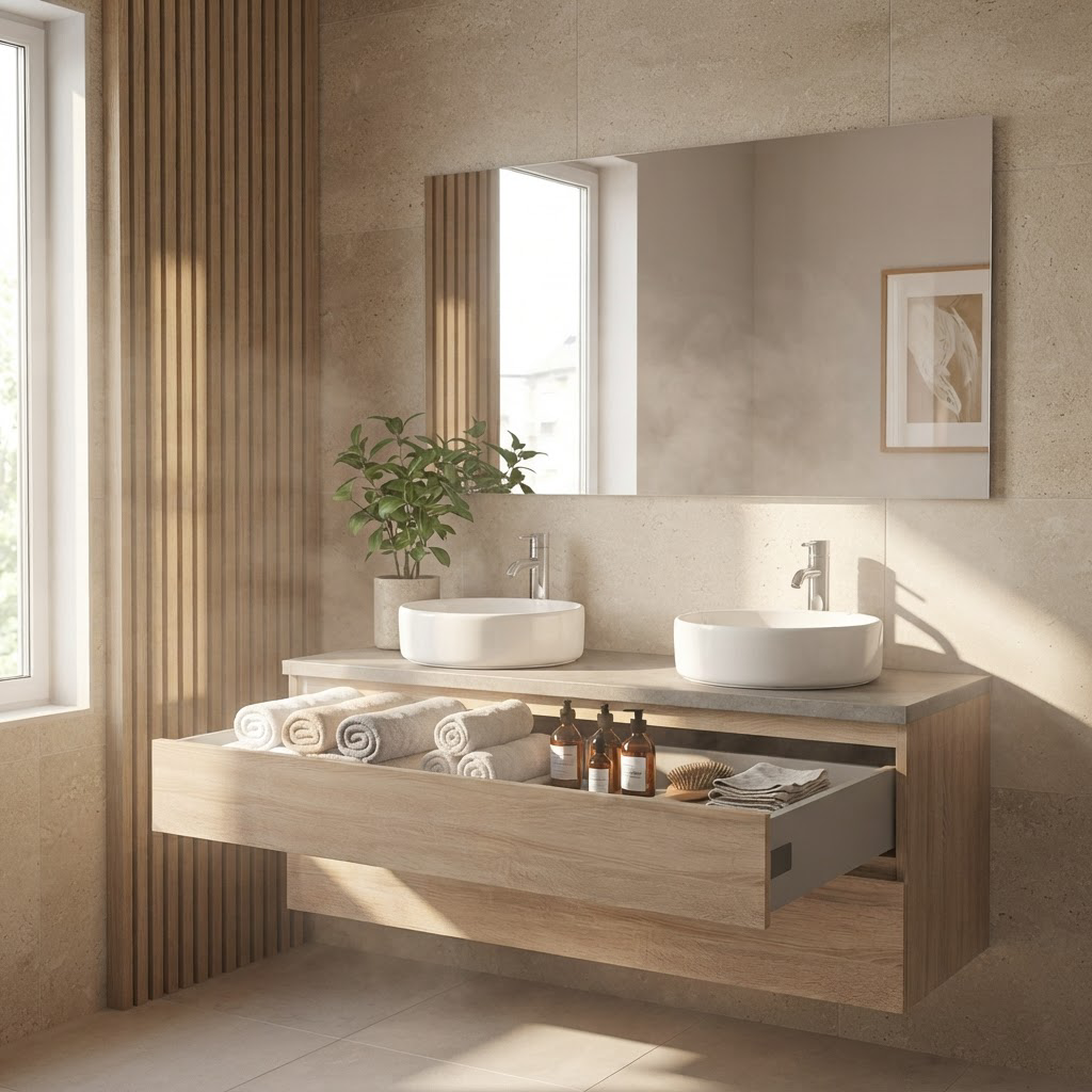 Meuble de Salle de Bain Suspendu Chêne 120 cm – 2 Tiroirs, Plan Effet Ciment et Miroir