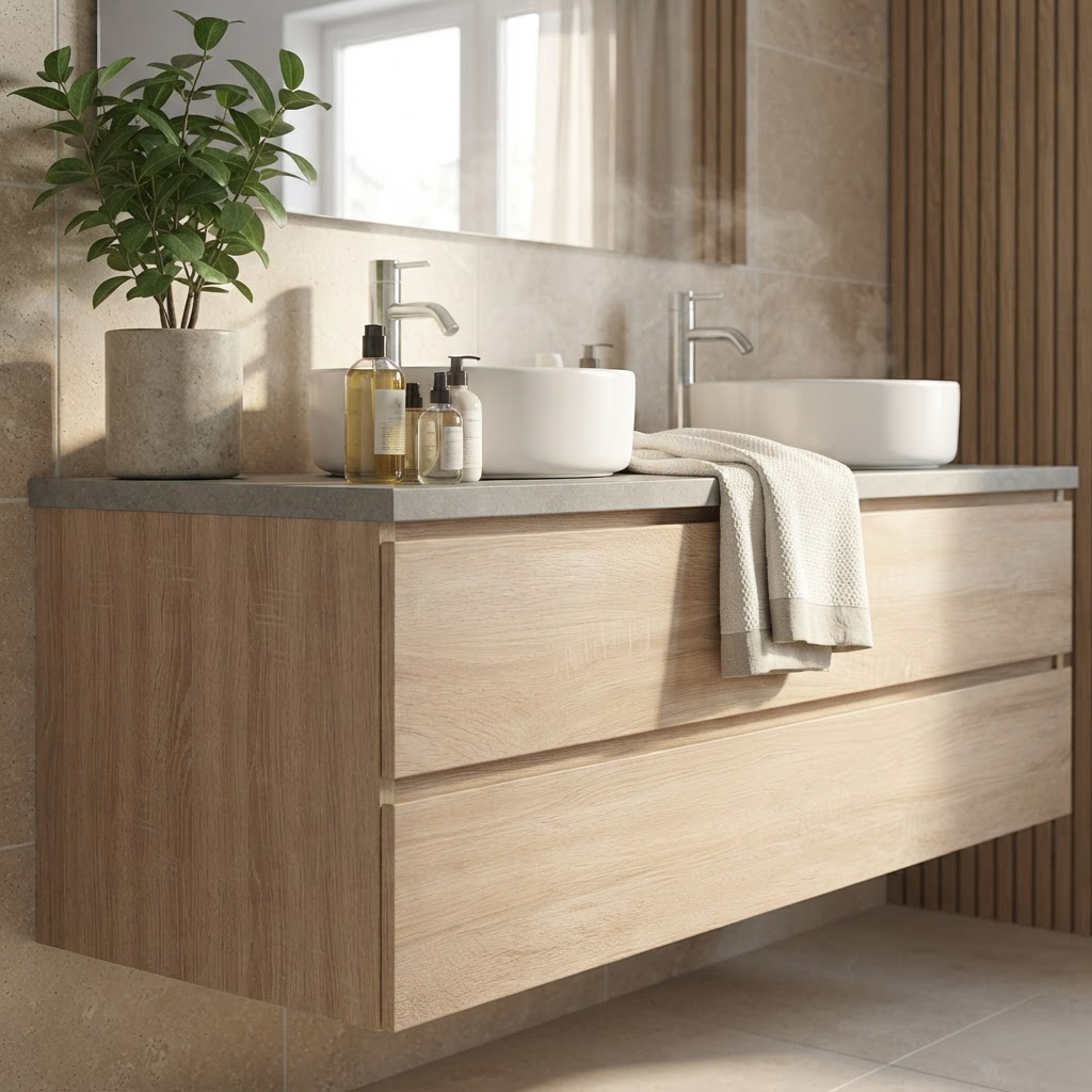 Meuble de Salle de Bain Suspendu Chêne 120 cm – 2 Tiroirs, Plan Effet Ciment et Miroir