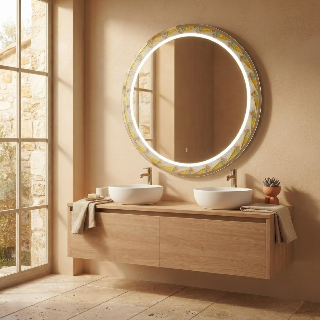 Miroir Rond LED à Cadre Mosaïque Ø 80 cm – Miroir Salle de Bain Rétroéclairé et Tactile