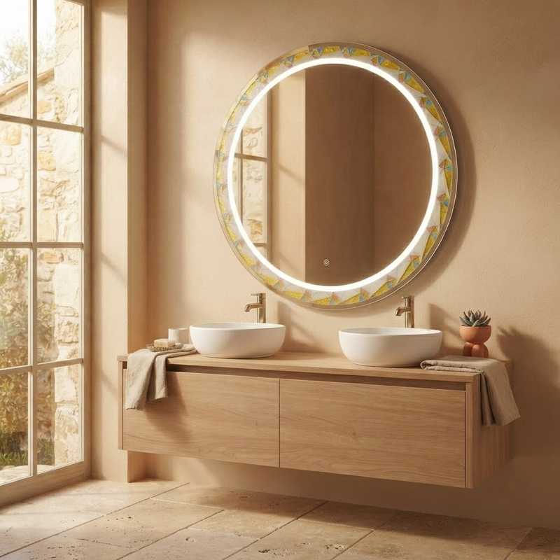 Miroir Rond LED à Cadre Mosaïque Ø 80 cm – Miroir Salle de Bain Rétroéclairé et Tactile