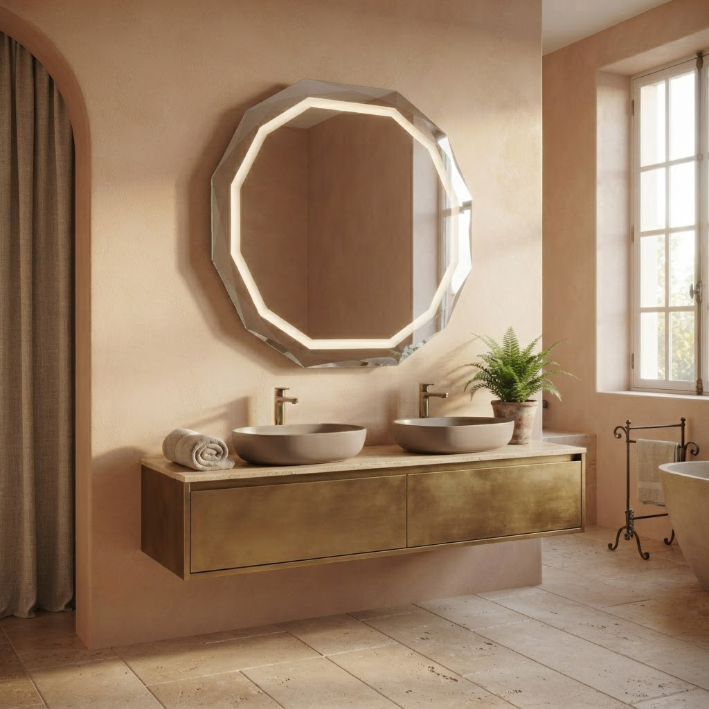 Miroir Octogonal LED Salle de Bain 90 x 70 cm – Bord Biseauté et Éclairage Intégré
