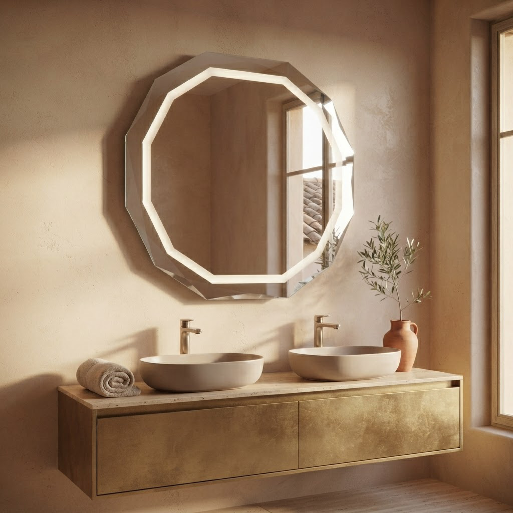 Miroir Octogonal LED Salle de Bain 90 x 70 cm – Bord Biseauté et Éclairage Intégré
