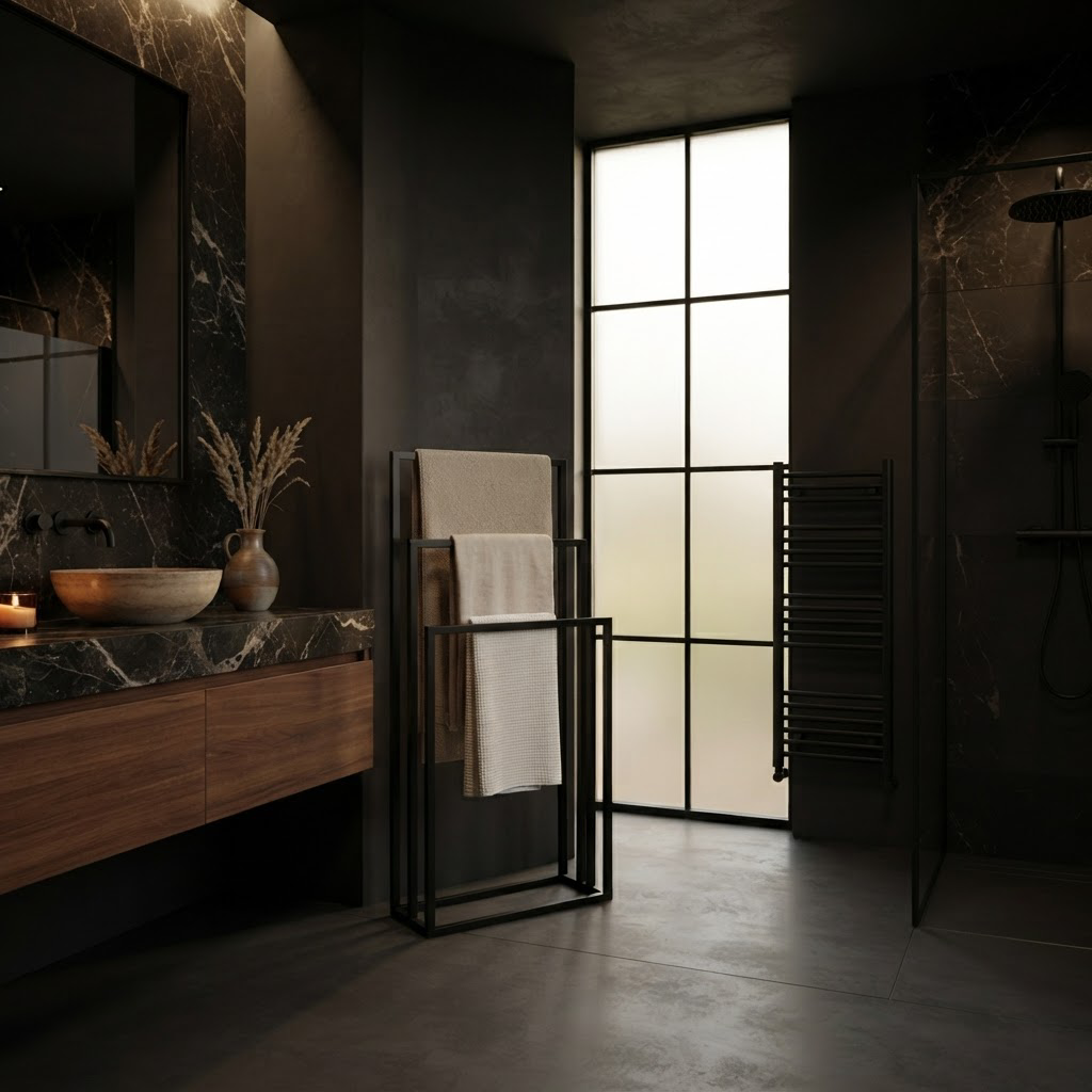 Porte-Serviettes sur Pied Noir 3 Niveaux – Sans Perçage pour Salle de Bain